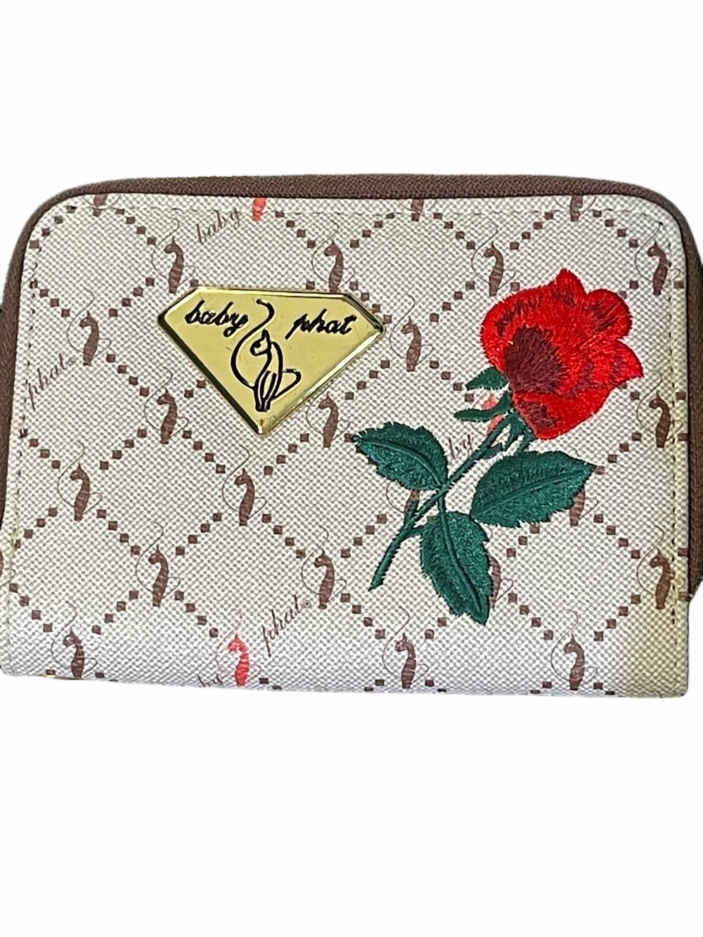 Baby Phat Y2K Cream Wallet with Red Rose Embroidery and Gold Logo Double Zip